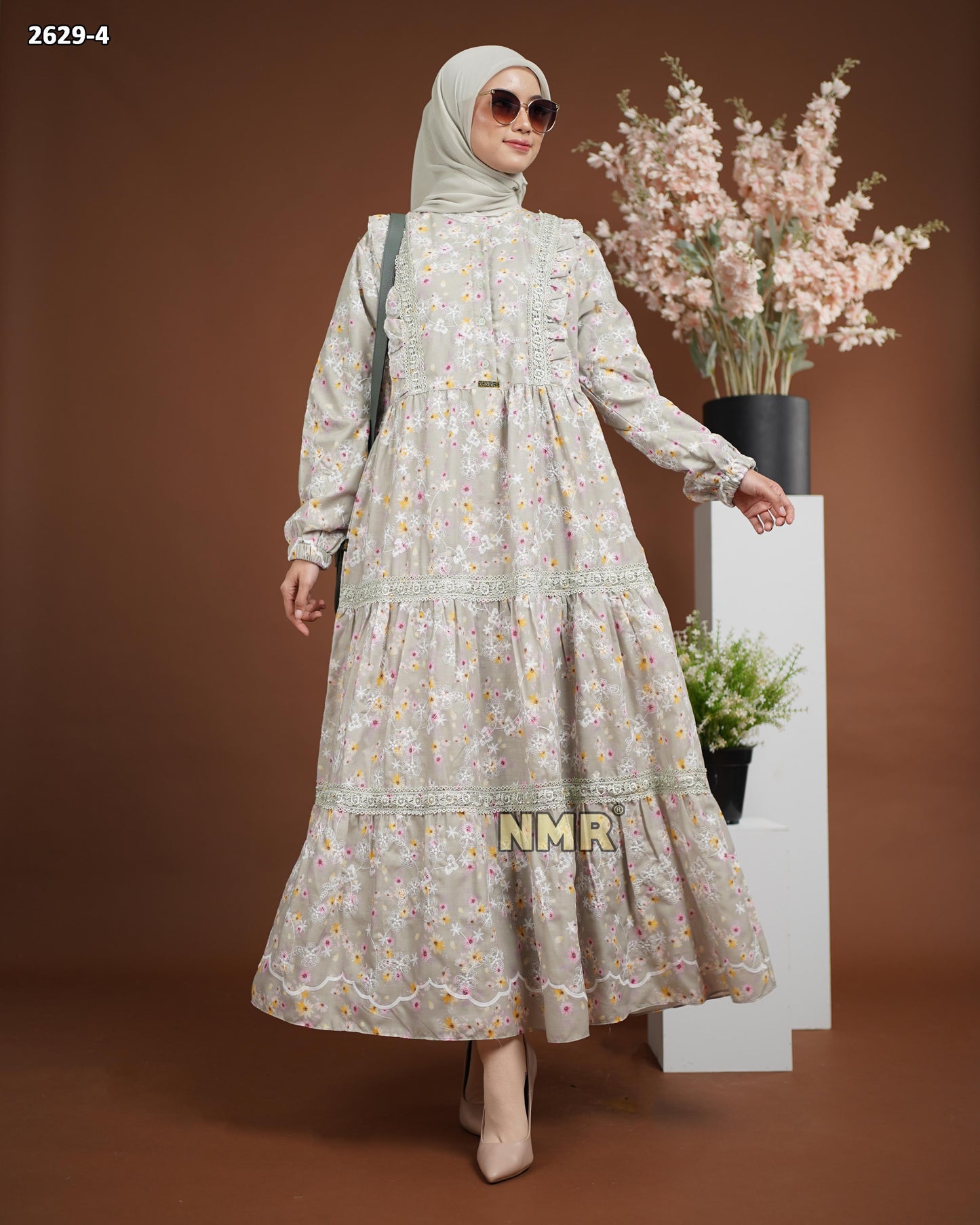 NMR Midi Dress Katun Print Embroidery kombinasi renda Vol 2629-4