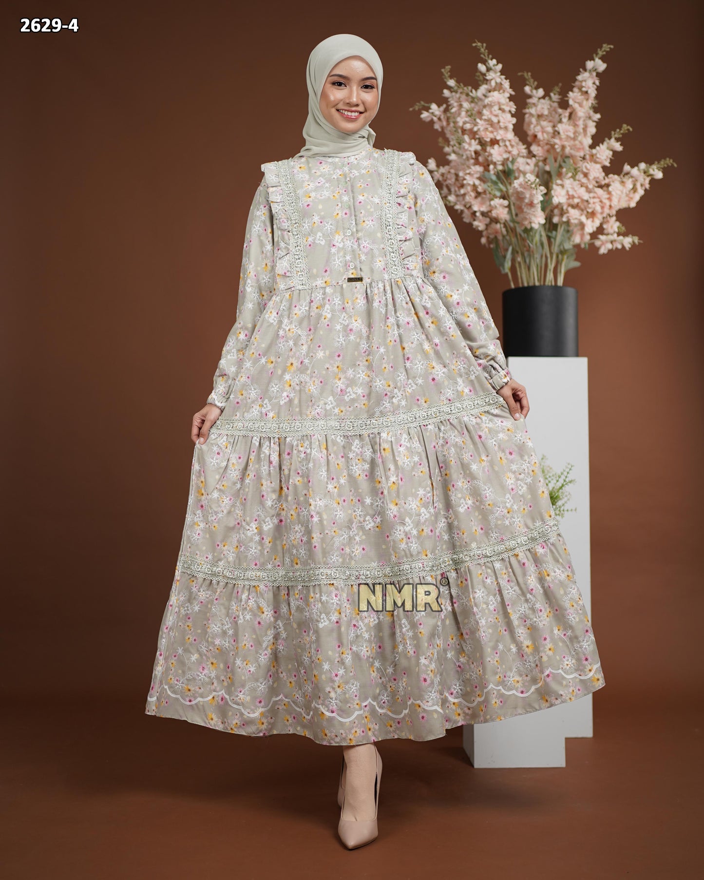 NMR Midi Dress Katun Print Embroidery kombinasi renda Vol 2629-4