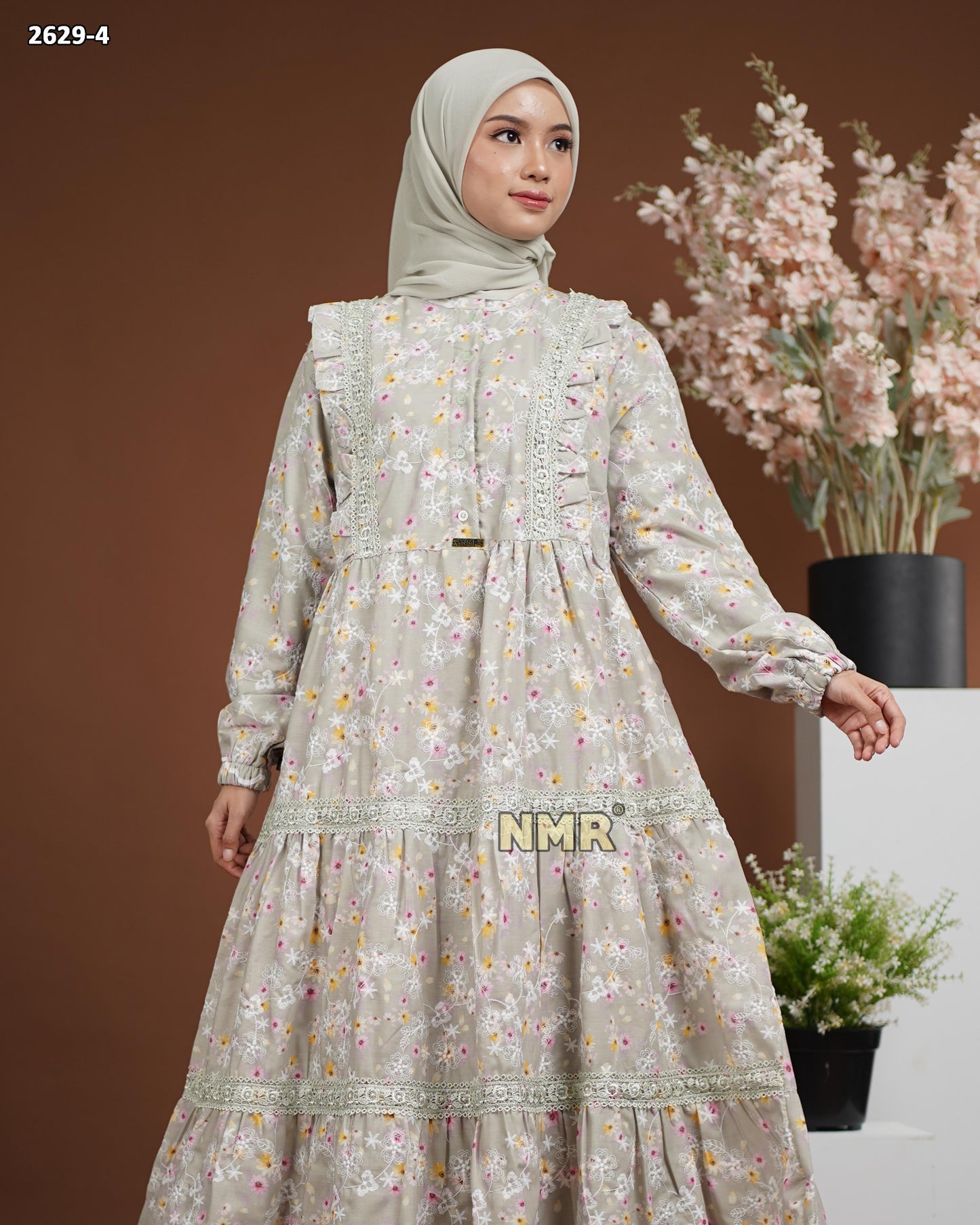 NMR Midi Dress Katun Print Embroidery kombinasi renda Vol 2629-4
