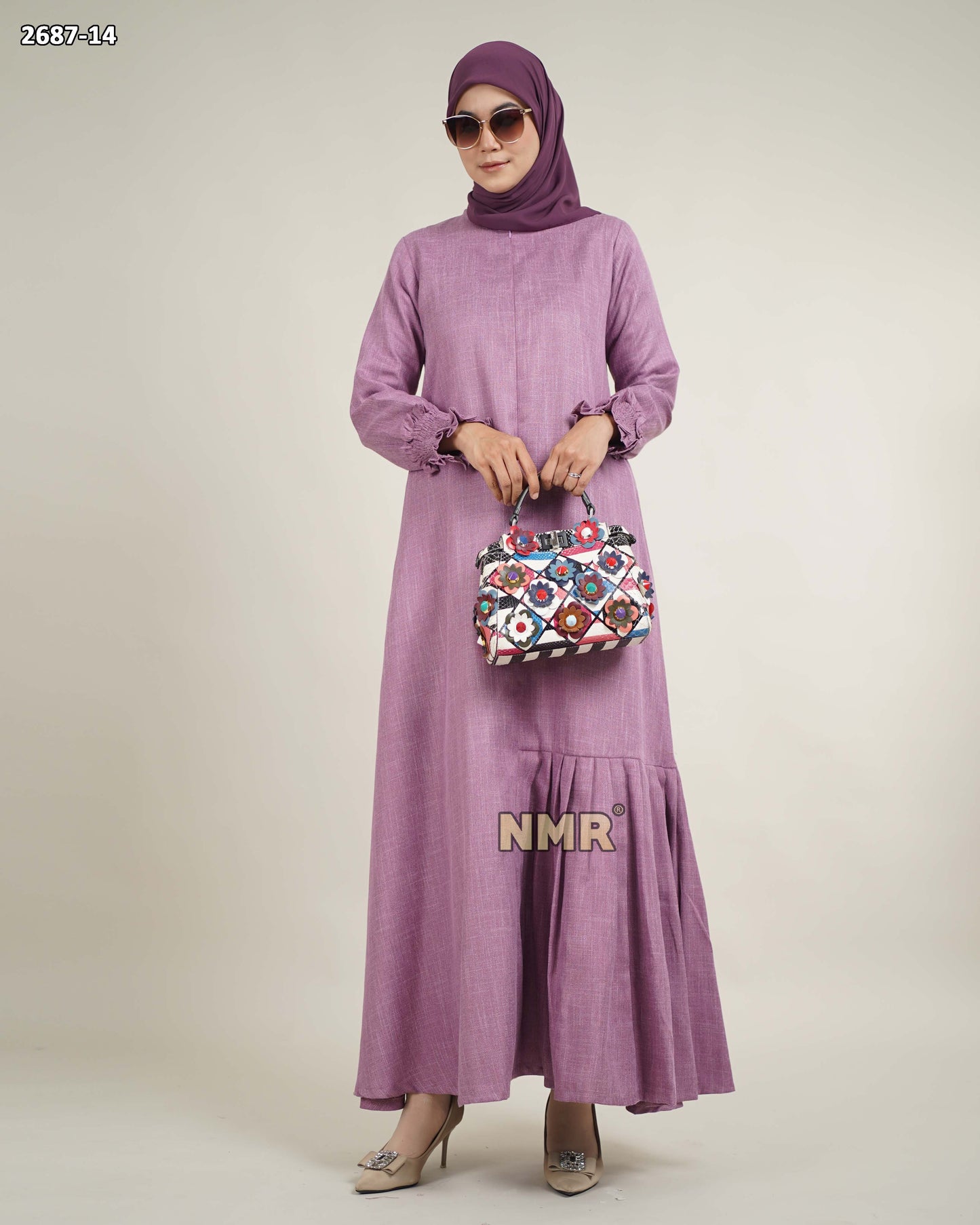 NMR Gamis Linen Burberry Rempel Samping Tangan Smoke Vol 2687-14