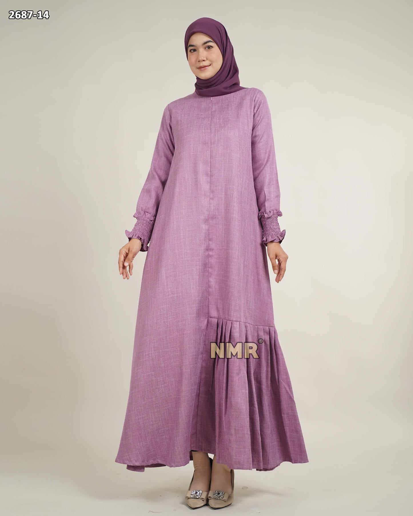 NMR Gamis Linen Burberry Rempel Samping Tangan Smoke Vol 2687-14