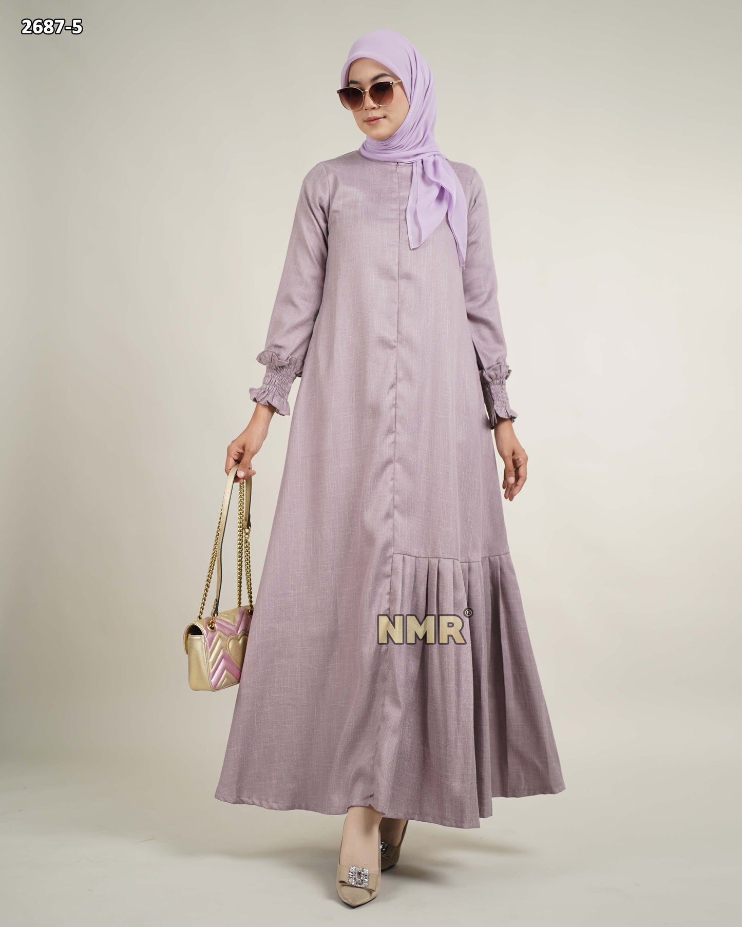 NMR Gamis Linen Burberry Rempel Samping Tangan Smoke Vol 2687-5