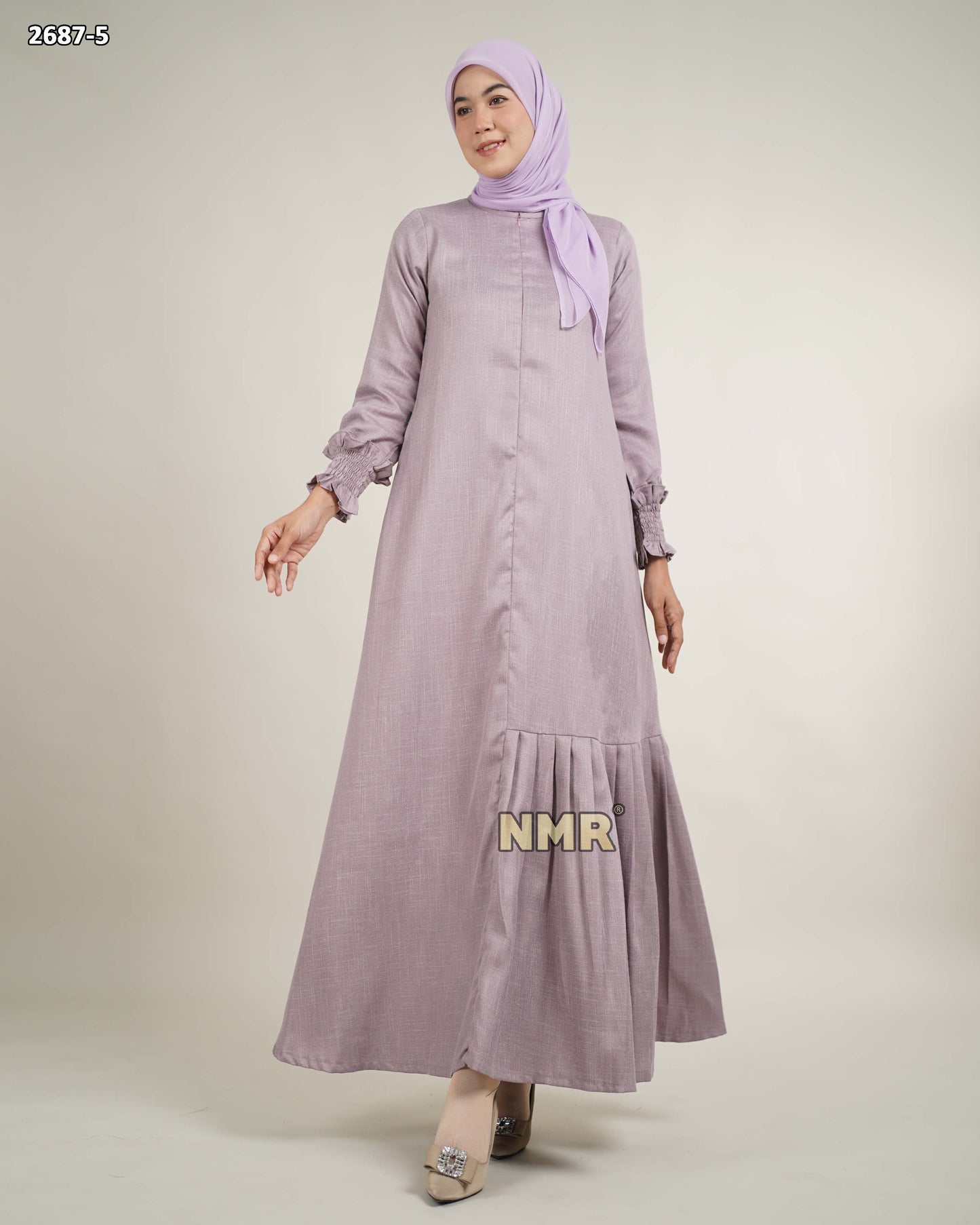 NMR Gamis Linen Burberry Rempel Samping Tangan Smoke Vol 2687-5